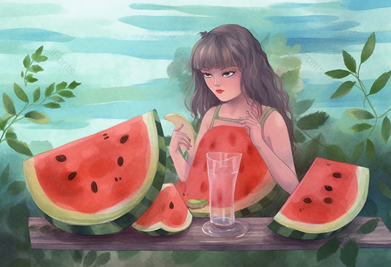 美女正在享用西瓜下午茶创意插画设计素材,插画/手绘图,插画/手绘图库,插画/手绘图下载,插画/手绘